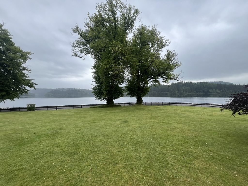 The lawn at Altskeith Country House running down to a low fence on the shore of Loch Ard, two tall trees standing together at the water's edge and wooded hills across the loch under a grey sky