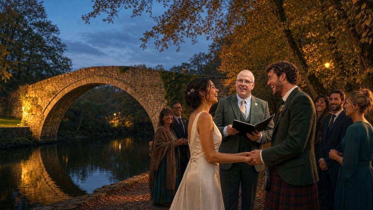 A humanist wedding at dusk beside the historic Brig o' Doon in Alloway — the floodlit medieval bridge arching over the River Doon behind the couple