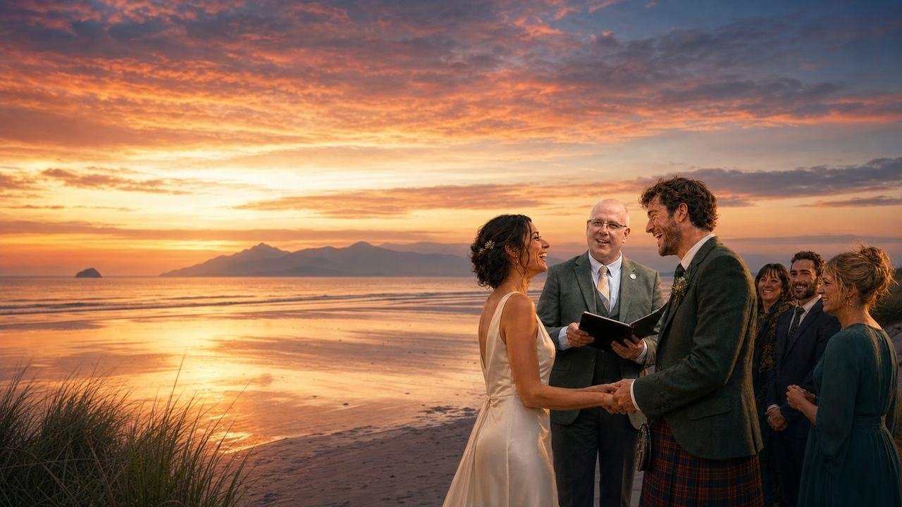 A humanist wedding at sunset on an Ayrshire beach — celebrant John Paul Fitzpatrick marrying a couple, the Isle of Arran silhouetted across the Firth of Clyde