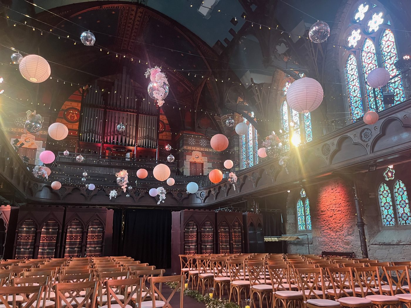 Inside Cottiers, Glasgow — the converted church's ceremony space, set out for a wedding