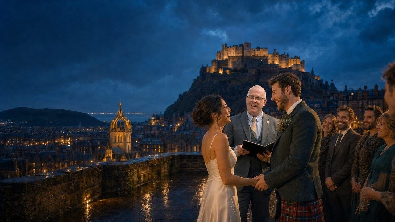 A twilight humanist wedding ceremony on an Edinburgh Old Town terrace — celebrant John Paul Fitzpatrick marrying a couple as guests look on, with Edinburgh Castle floodlit and the crown steeple of St Giles' Cathedral behind them