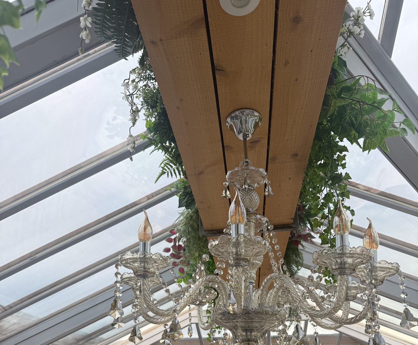 The glass roof of the Rooftop Conservatory at the Gailes Hotel, a crystal chandelier hanging from a timber beam wrapped in trailing greenery