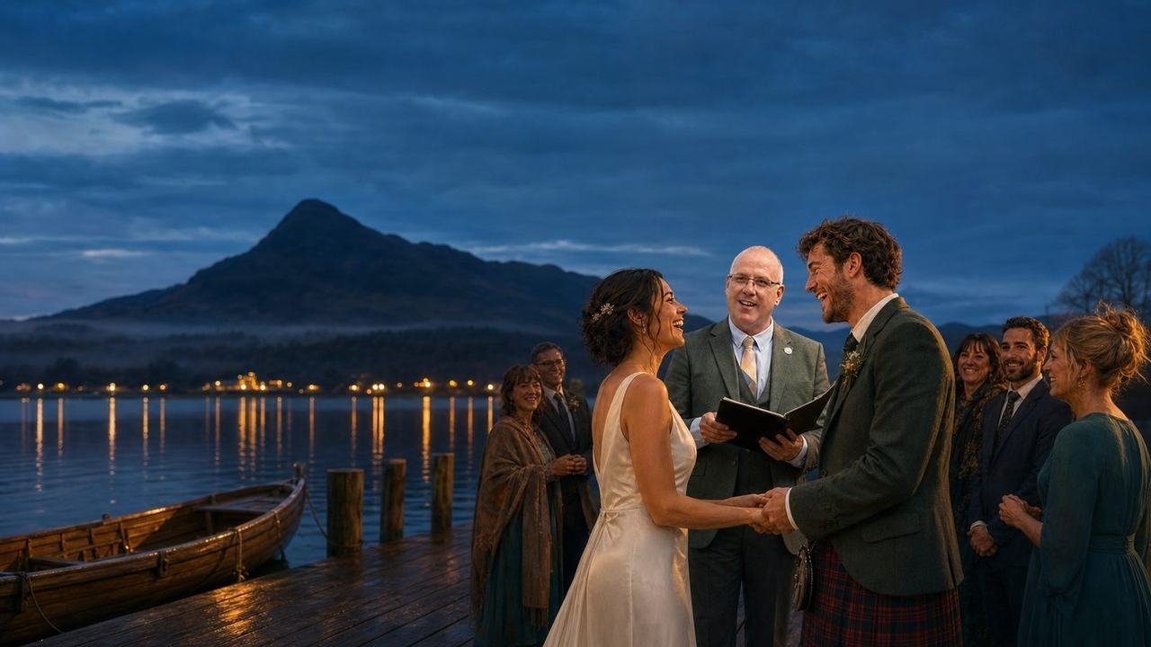 A humanist wedding at dusk on a Loch Lomond jetty — celebrant John Paul Fitzpatrick marrying a couple, a moored rowing boat beside them and Ben Lomond rising across the mirror-calm loch