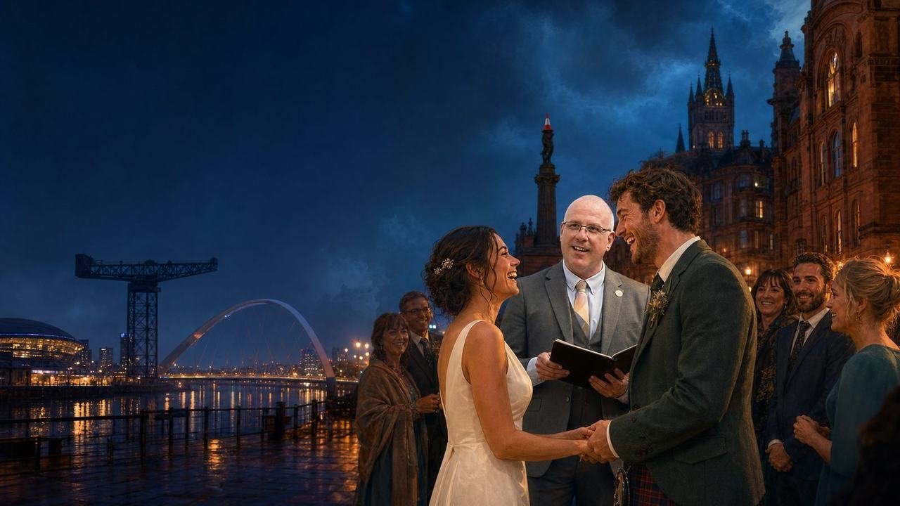 A twilight humanist wedding ceremony on the River Clyde in Glasgow — celebrant John Paul Fitzpatrick marrying a couple as guests look on, with the Finnieston Crane, the Clyde Arc and the University of Glasgow tower lit behind them