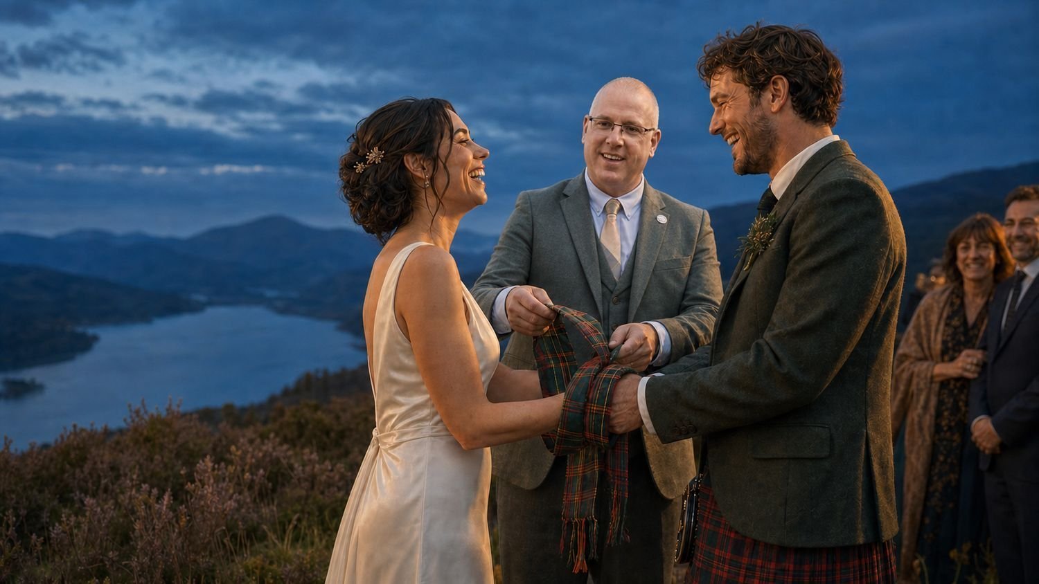 A humanist handfasting at dusk on a Scottish hilltop above a loch — celebrant John Paul Fitzpatrick binding the couple's clasped hands with a tartan ribbon as they laugh