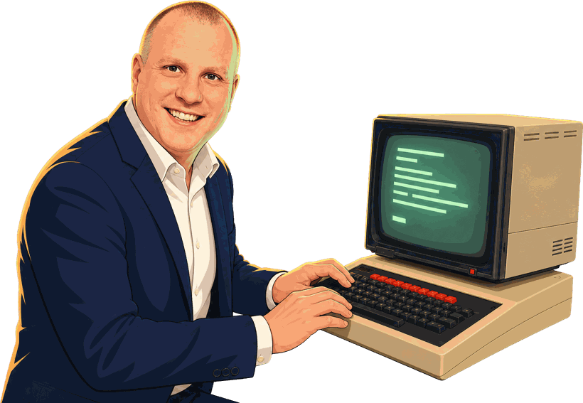 Illustrated John Paul grinning at a vintage computer, typing a couple's ceremony story onto a green screen