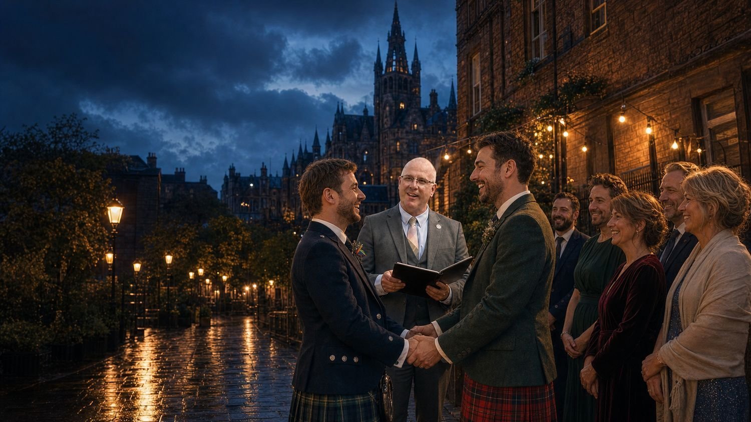 A humanist same-sex wedding at blue hour in a West End Glasgow lane — celebrant John Paul Fitzpatrick marrying two grooms in kilts, one wearing a rainbow buttonhole, the tower of the University of Glasgow lit behind them