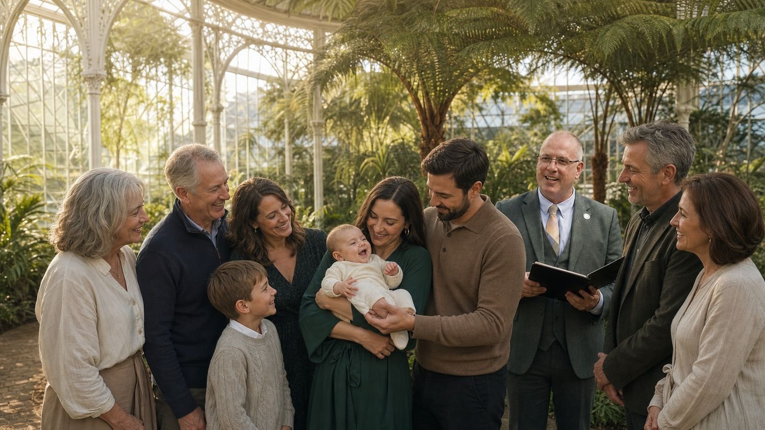 A humanist naming ceremony at the Kibble Palace glasshouse, parents holding a laughing baby among family