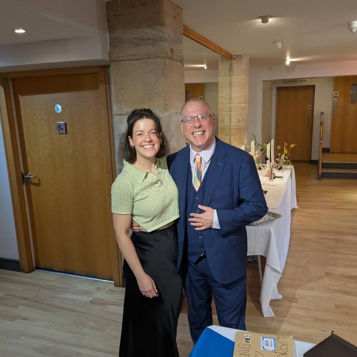 John Paul Fitzpatrick with Hazel of Hazel's Wedding Coordination inside Pollokshields Burgh Hall after a September ceremony