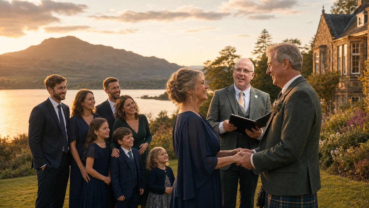 A humanist vow-renewal ceremony at golden hour by a Scottish loch — celebrant John Paul Fitzpatrick with a couple in their later years renewing their vows, their family and grandchildren gathered around and a country house behind
