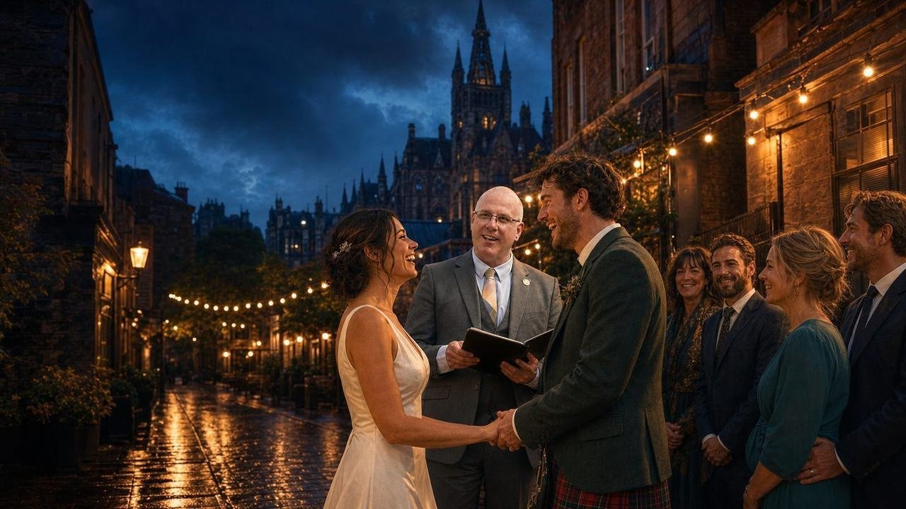 A humanist wedding at blue hour in a West End Glasgow lane — celebrant John Paul Fitzpatrick marrying a couple under string lights on wet cobbles, the tower of the University of Glasgow lit behind them